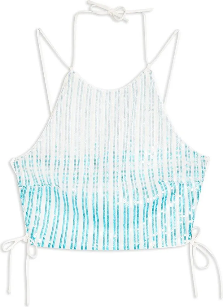 Blue And White Sequin Halter Neck Top With Tie Back Detail Top White