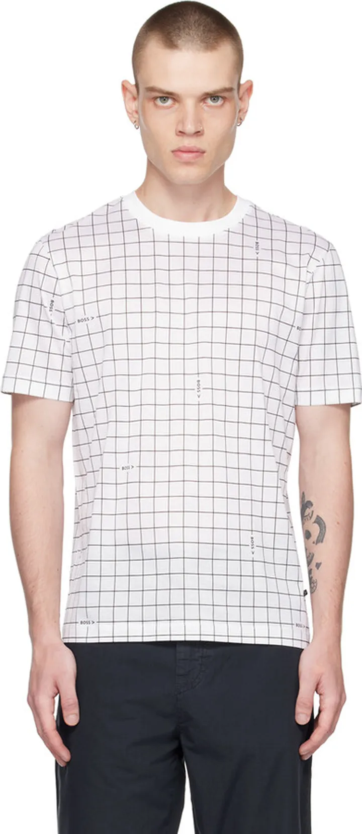 BOSS White Grid Print T-Shirt
