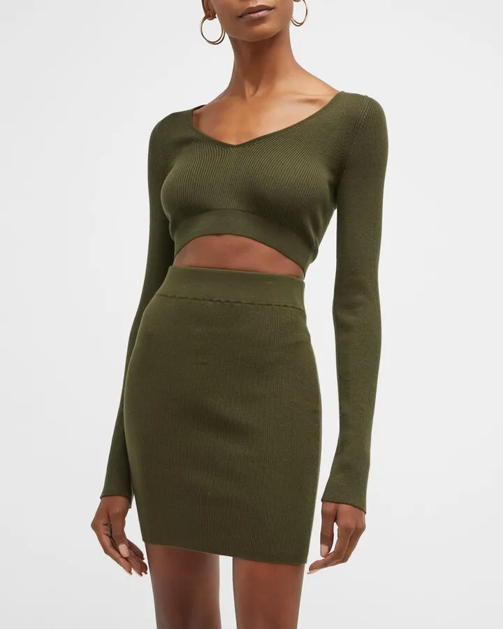 Long-Sleeve Cashmere-Silk Rib Crop Top