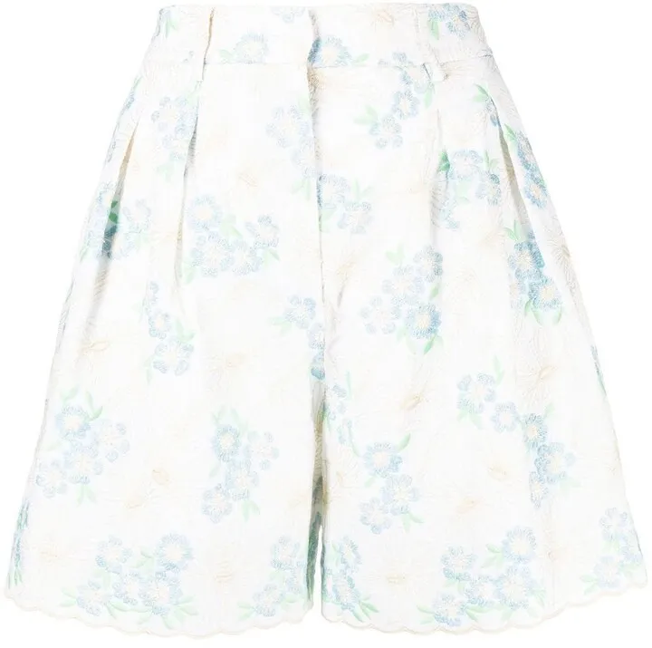 Floral-Embroidery Pleated Shorts