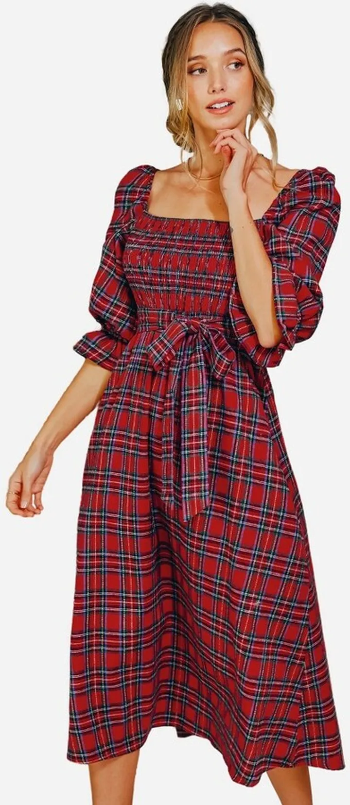Women's Belted Tartan Plaid Dress - Cupshe-L-Red