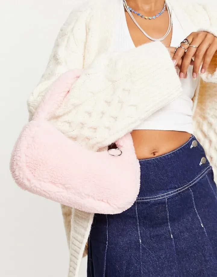 Monki teddy faux fur shoulder bag in light pink