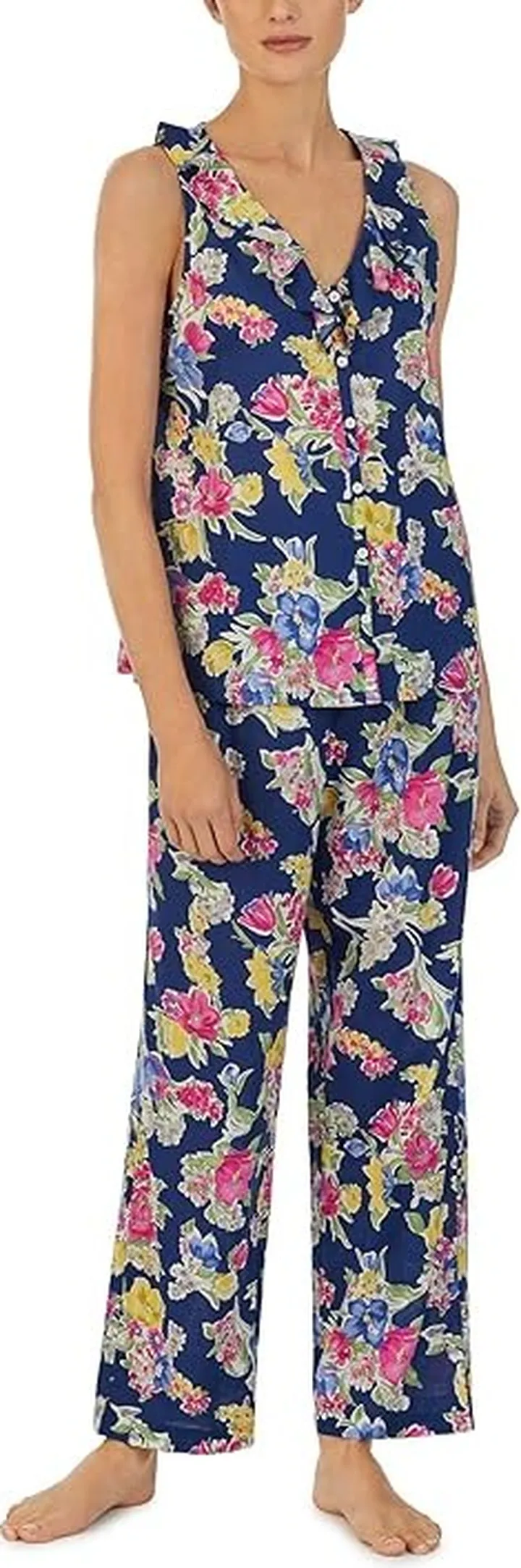 LAUREN Ralph Lauren Sleeveless Ruffle V-Neck Ankle PJ Set (Navy Print) Women's Pajama Sets