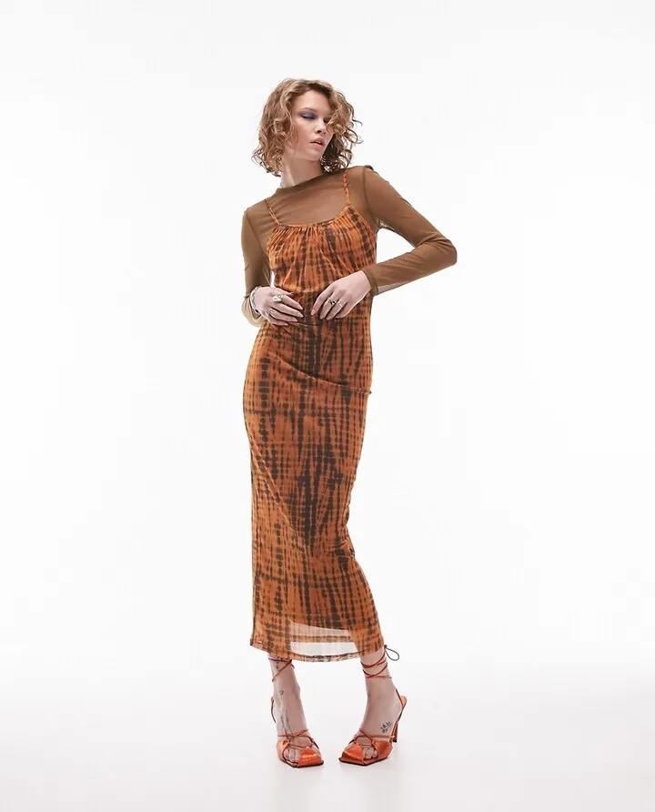 Topshop layered long sleeve mesh midi dress in orange tie dye