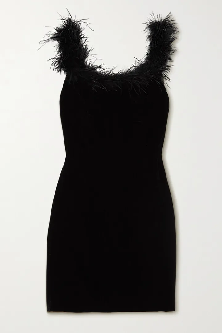 RIXO - Lena Feather-trimmed Velvet Mini Dress - Black