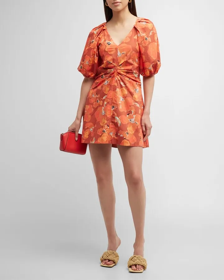 Lacey Puff-Sleeve Sandwashed Cotton Mini Dress