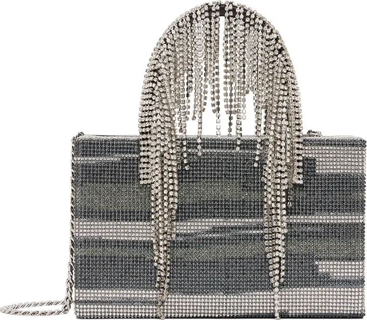 KARA Silver Midi Crystal Fringe Bag
