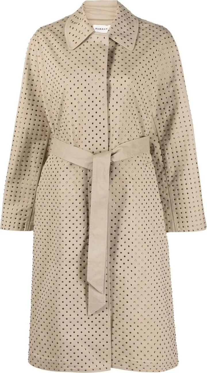 Crystal-Embellished Belted Trench Coat