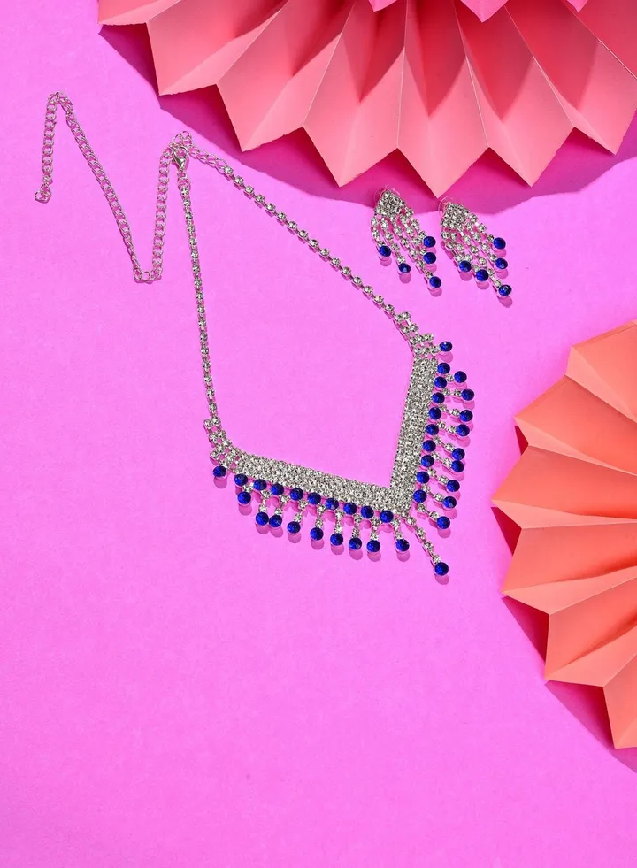 Silver Plated Designer Stone Necklace and Earring Set