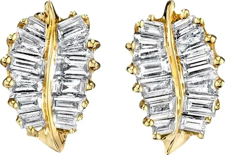 18k Yellow Gold Small Palm Leaf Studs .39cts Baguette Diamonds