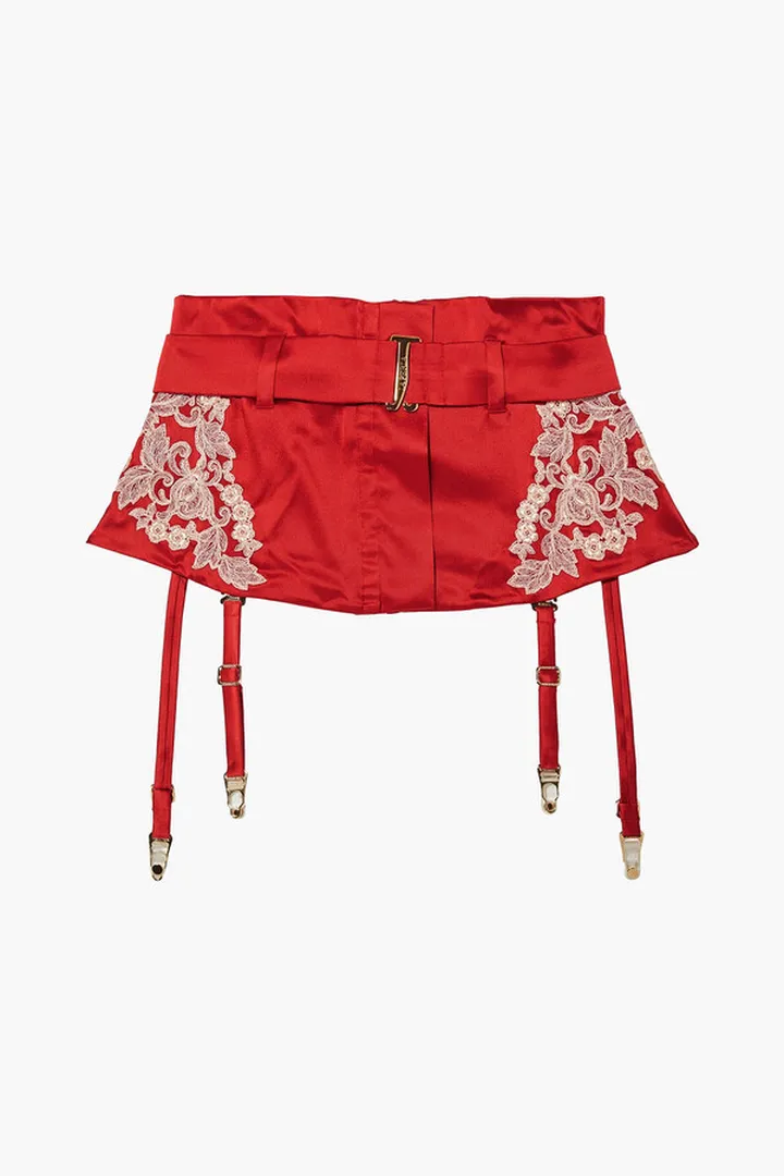 Maison lace-trimmed silk-blend satin suspender belt