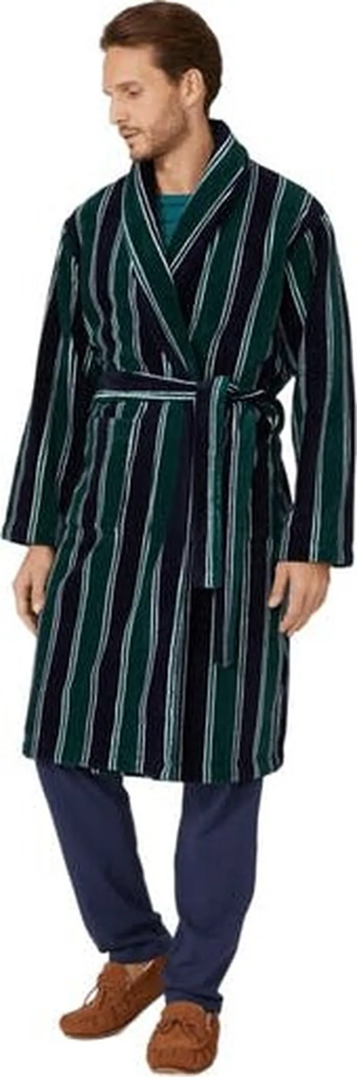 Debenhams Mens Stripe Fleece Shawl Collar Bathrobe - Green