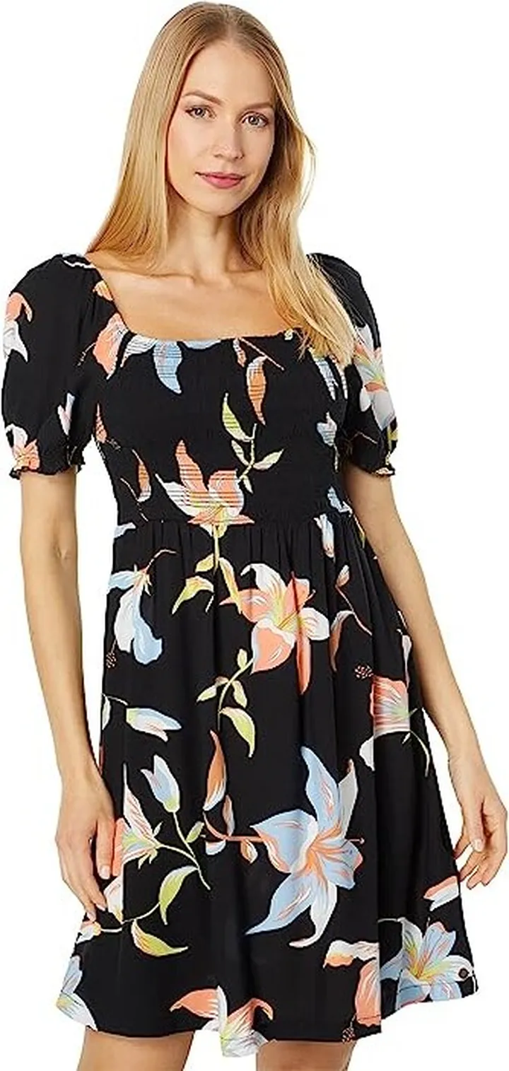 Roxy Hello Petal Mini Dress (Anthracite Big Hibiscus Wave) Women's Clothing