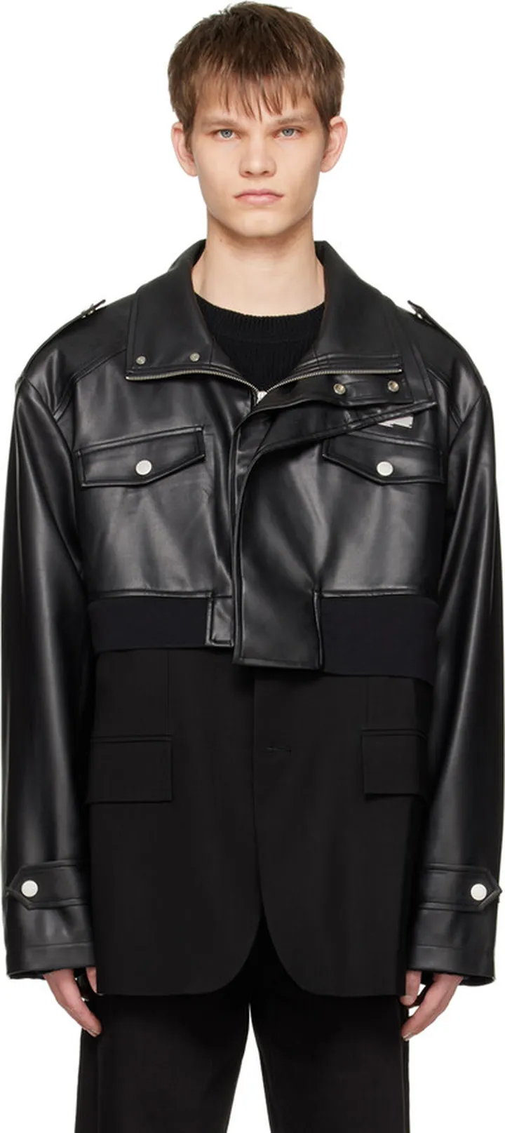 Feng Chen Wang Black Detachable Faux-Leather Jacket