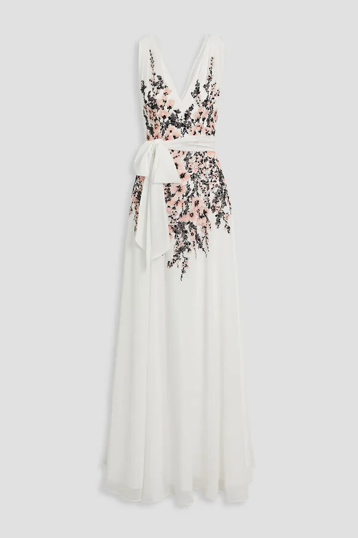 Embellished printed crepe de chine gown