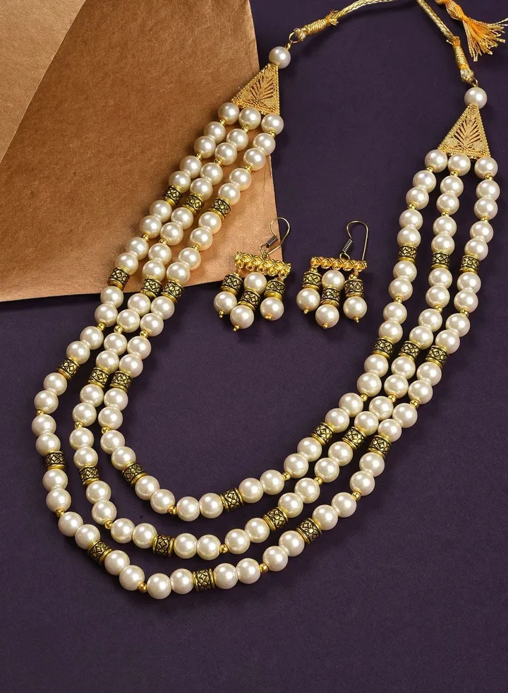 Gold Plated Pearls Beaded Necklace and Earrings Set