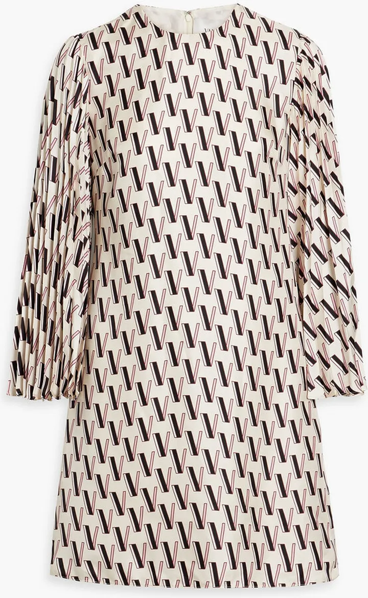 Pleated printed silk-twill mini dress