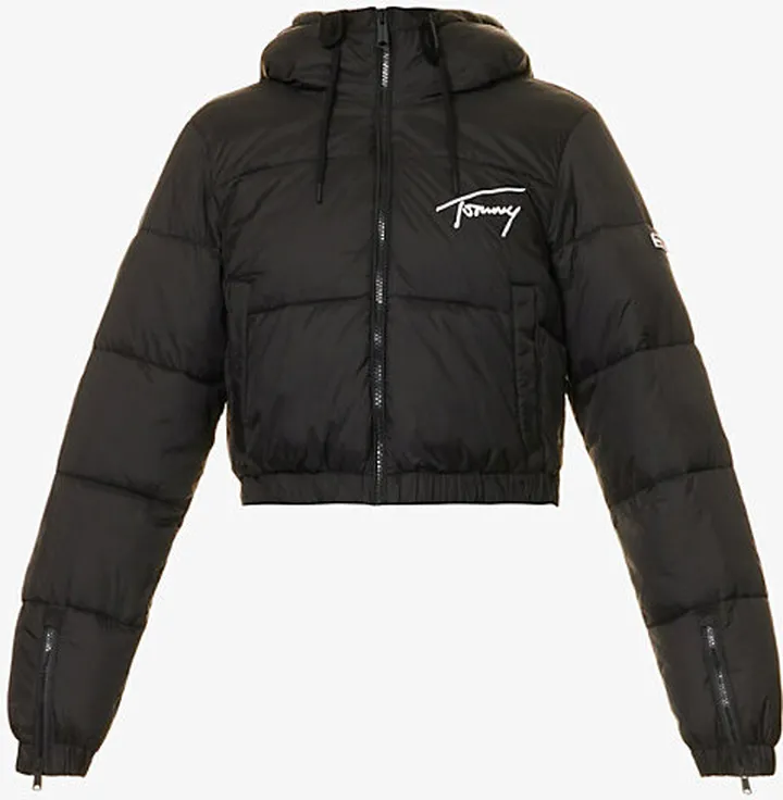 Womens Black ogo-embroidered Cropped Hooded Shell Jacket