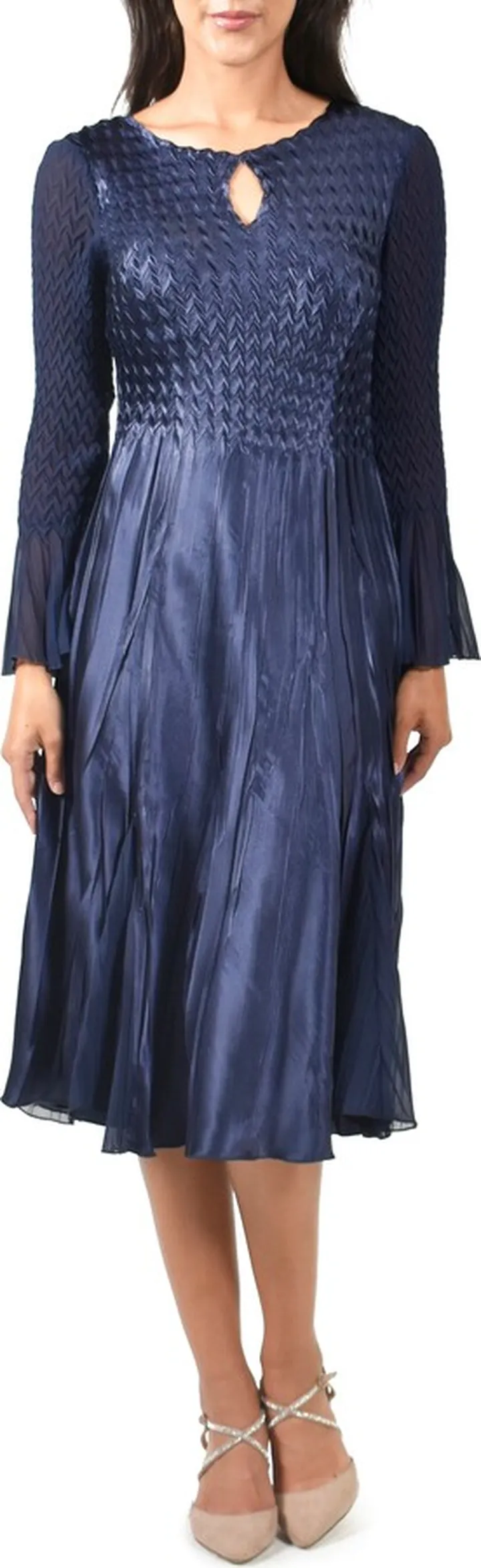 Long Bell Sleeve Charmeuse & Chiffon Midi Dress