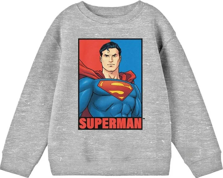 Superman Portrait Crew Neck Long Sleeve Athletic Heather Boy’s Sweatshirt-Large
