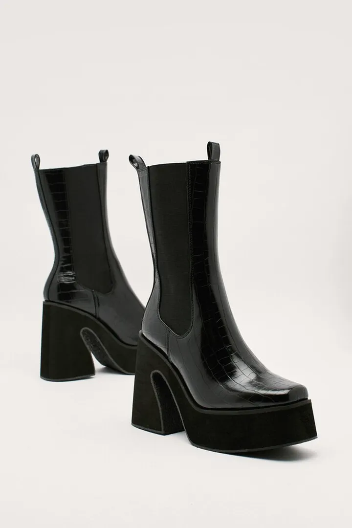Nasty Gal Womens Faux Leather Croc Platform Flare Chelsea Boots