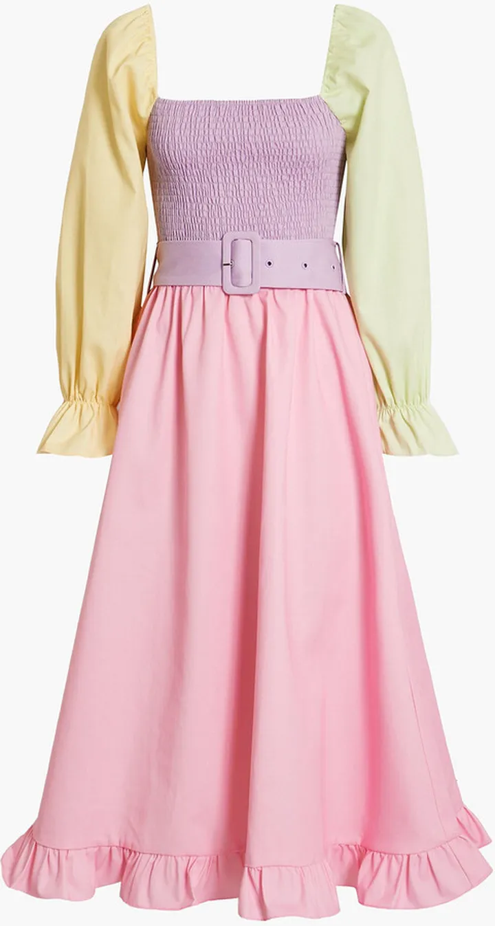 Shirred color-block twill midi dress