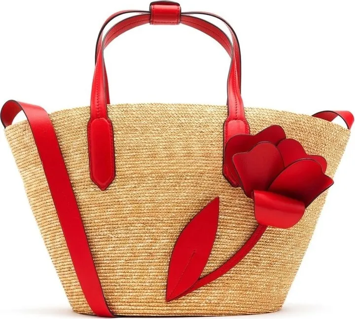Flower-Appliqué Straw Tote Bag