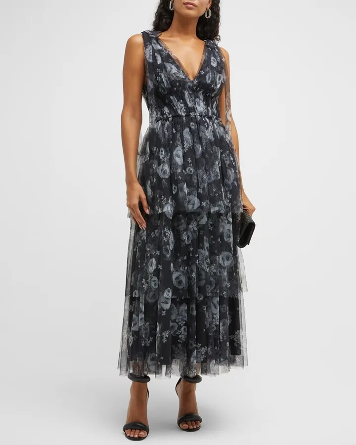 Bow-Shoulder Tiered Tulle Midi Dress