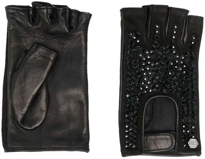 Crystal-Embellished Leather Gloves