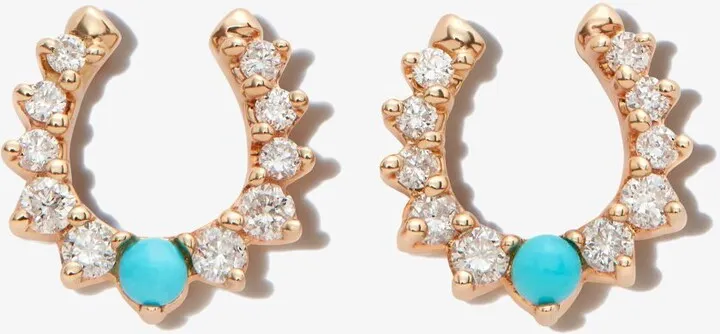 14K Yellow Gold Horseshoe Turquoise And Diamond Earrings