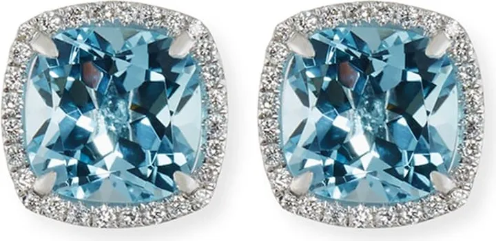 18K White Gold Blue Topaz Diamond Halo Stud Earrings