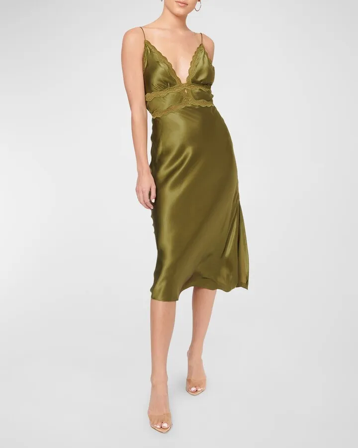 Bibiana Silky Midi Slip Dress with Lace