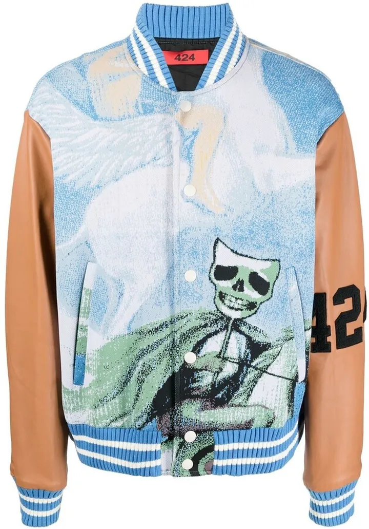 Jacquard-Print Leather-Sleeve Bomber Jacket