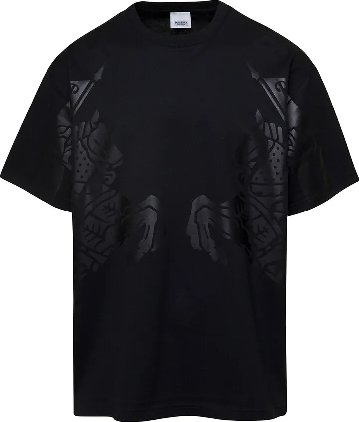 Black T-shirt With Tonal Equestrian Knight Print In Cotton Stretch Man