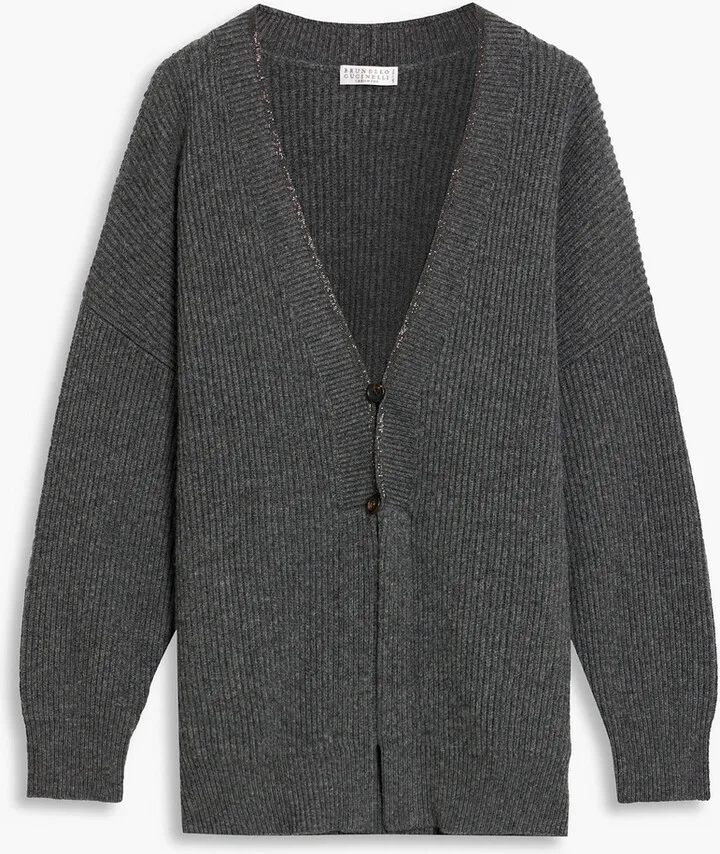 Bead-embellished ribbed-knit cardigan