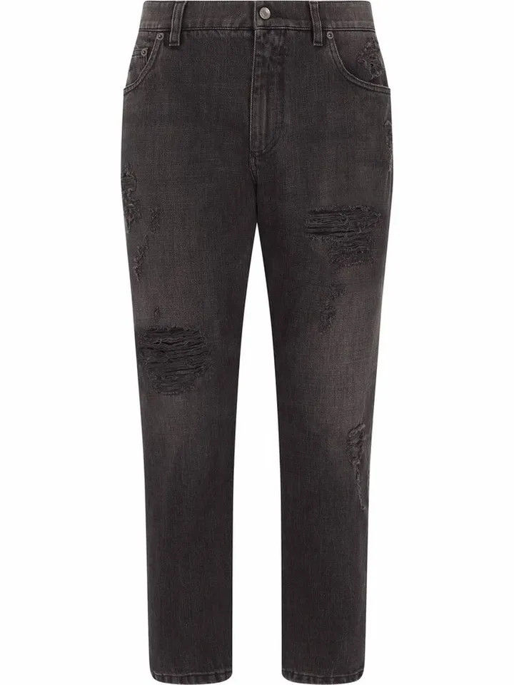 Distressed Mid-Rise Tapered Jeans