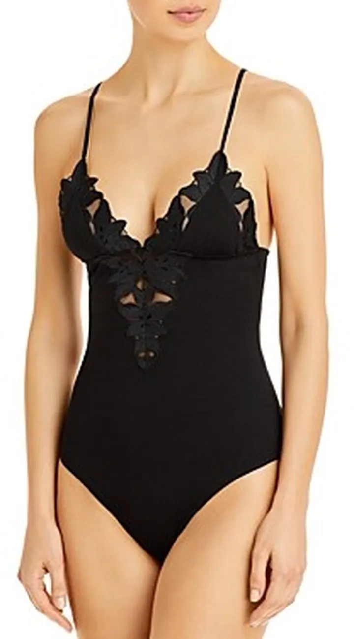 Fleur du Mal Lily Embroidery V-Neck Plunge Bodysuit