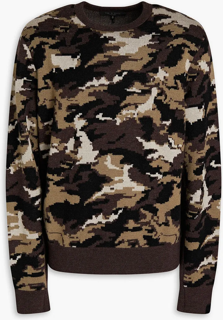 Camouflage-print intarsia merino wool sweater