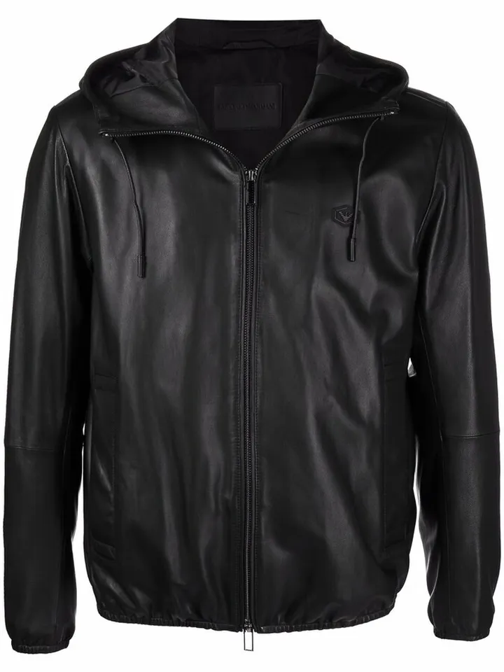 Hooded Logo-Plaque Leather Jacket