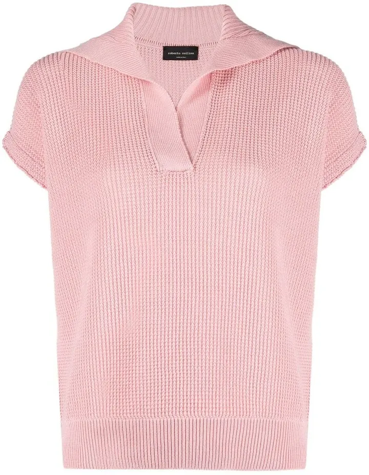 rib-knit V-neck polo top