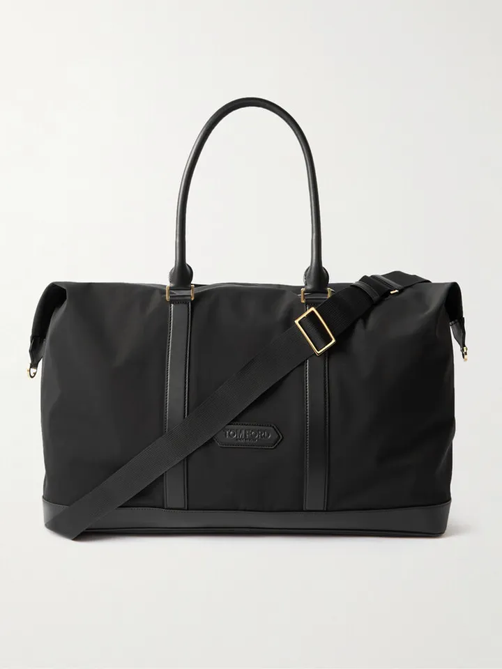 Leather-Trimmed Nylon Weekend Bag