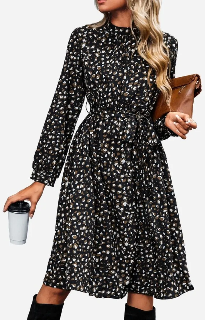 Women's Long Sleeve Speckled A Line Midi Dress - Cupshe -Black-S