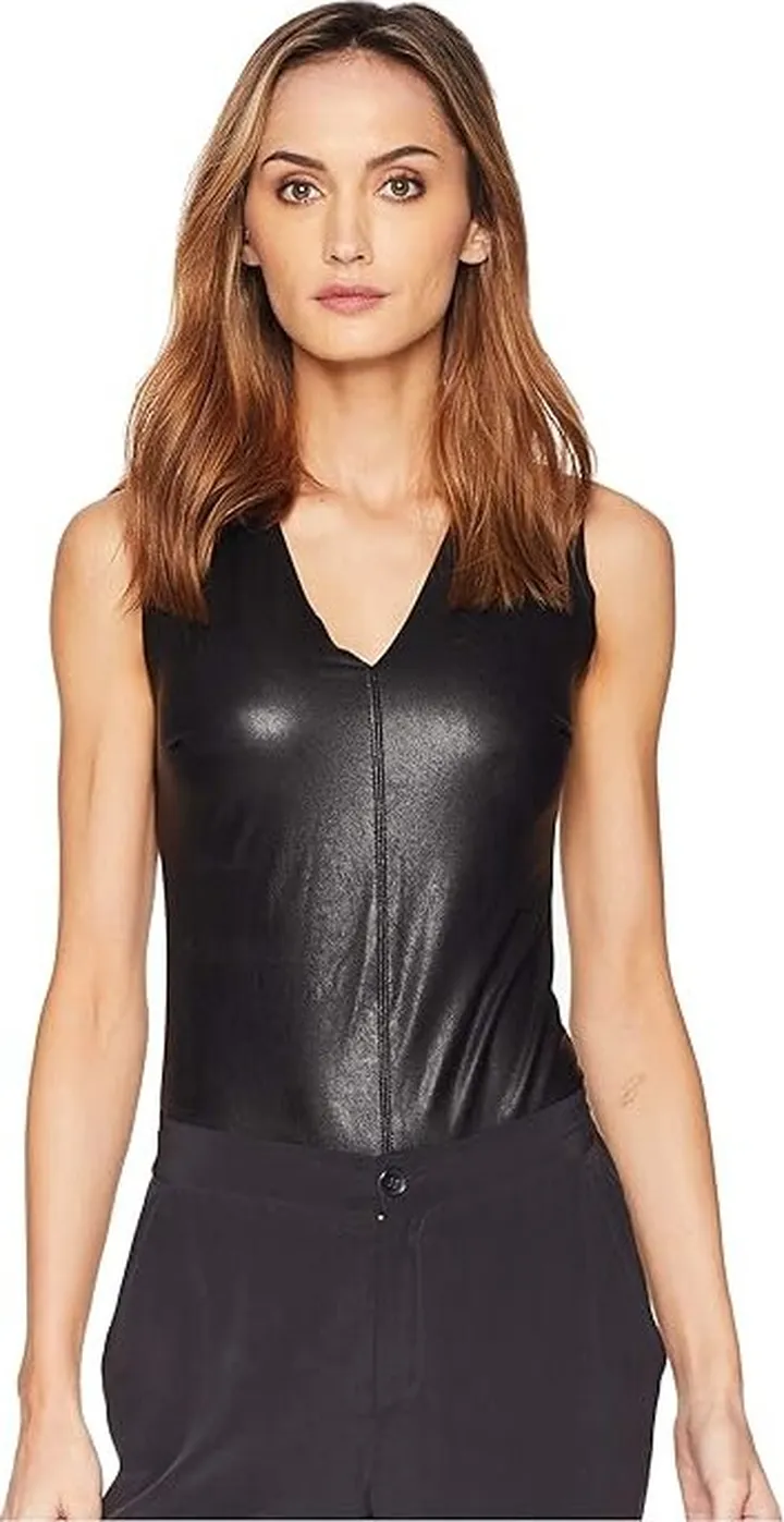 Commando Faux Leather V-Neck Bodysuit BDS014 (Black) Women's Jumpsuit & Rompers One Piece