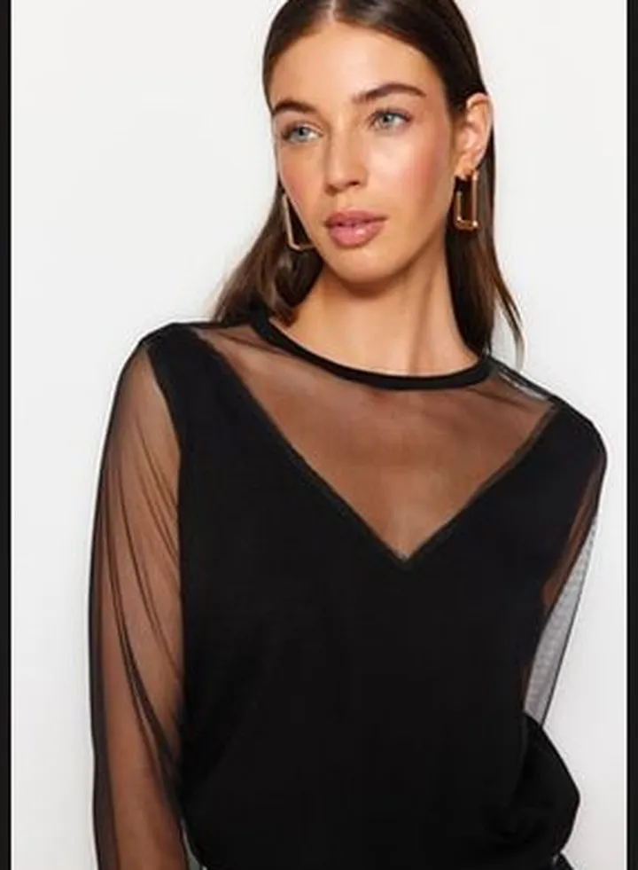 Black Transparent Sleeve Detailed Knitwear Sweater TWOAW24KZ00161