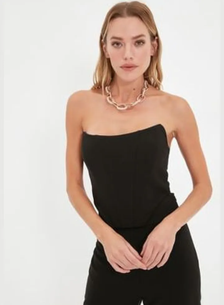 Black Crop Lined Woven Corset Detailed Bustier TPRSS21BS0032.