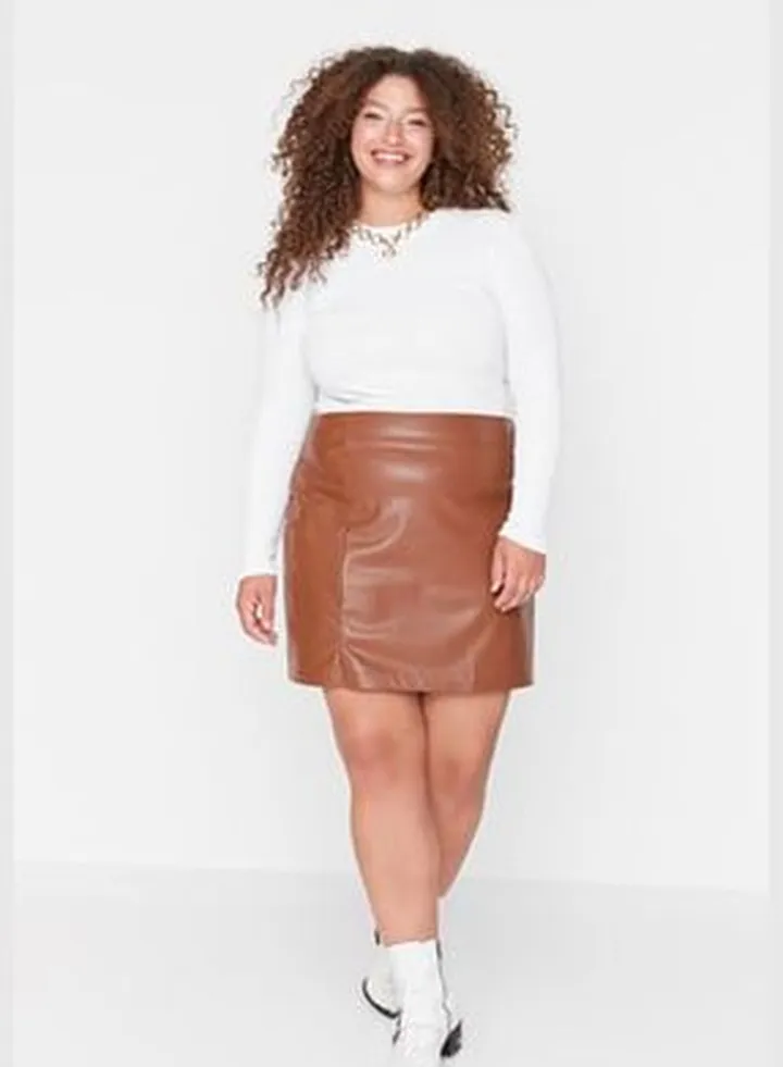 Brown Slit Faux Leather Skirt TBBAW23AZ00035