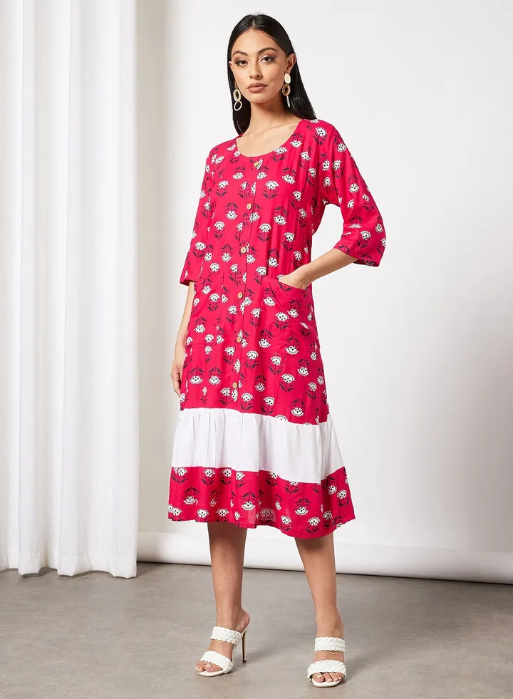 Casual Cotton Printed Round Neck All Over Jalabiya With Facemask For Women
