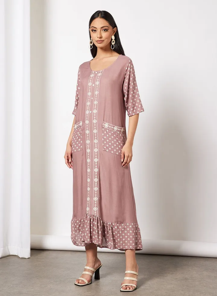 Casual Cotton Printed Round Neck All Over Jalabiya With Facemask For Women