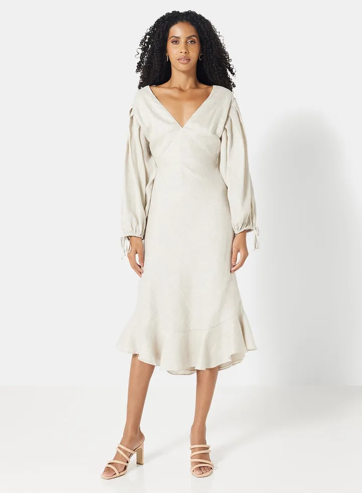 Balloon Sleeve Printed Dress Beige