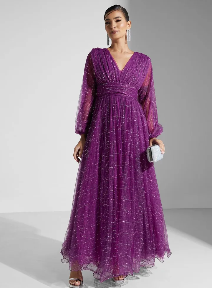 V-Neck Plisse Dress